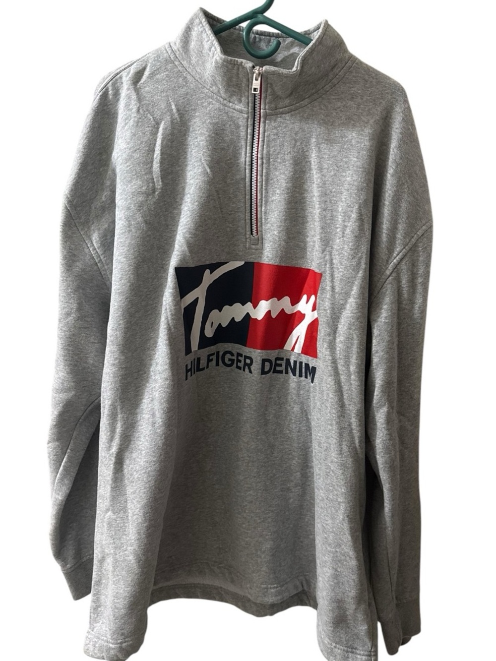 Tommy Hilfiger Y2K Denim XXL Gray Flag Logo Quarter Zip Pullover 2XL